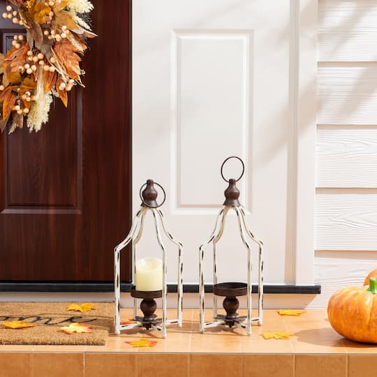 Glitzhome® 16.5" Modern Farmhouse White & Brown Metal Candle Lanterns,2ct.